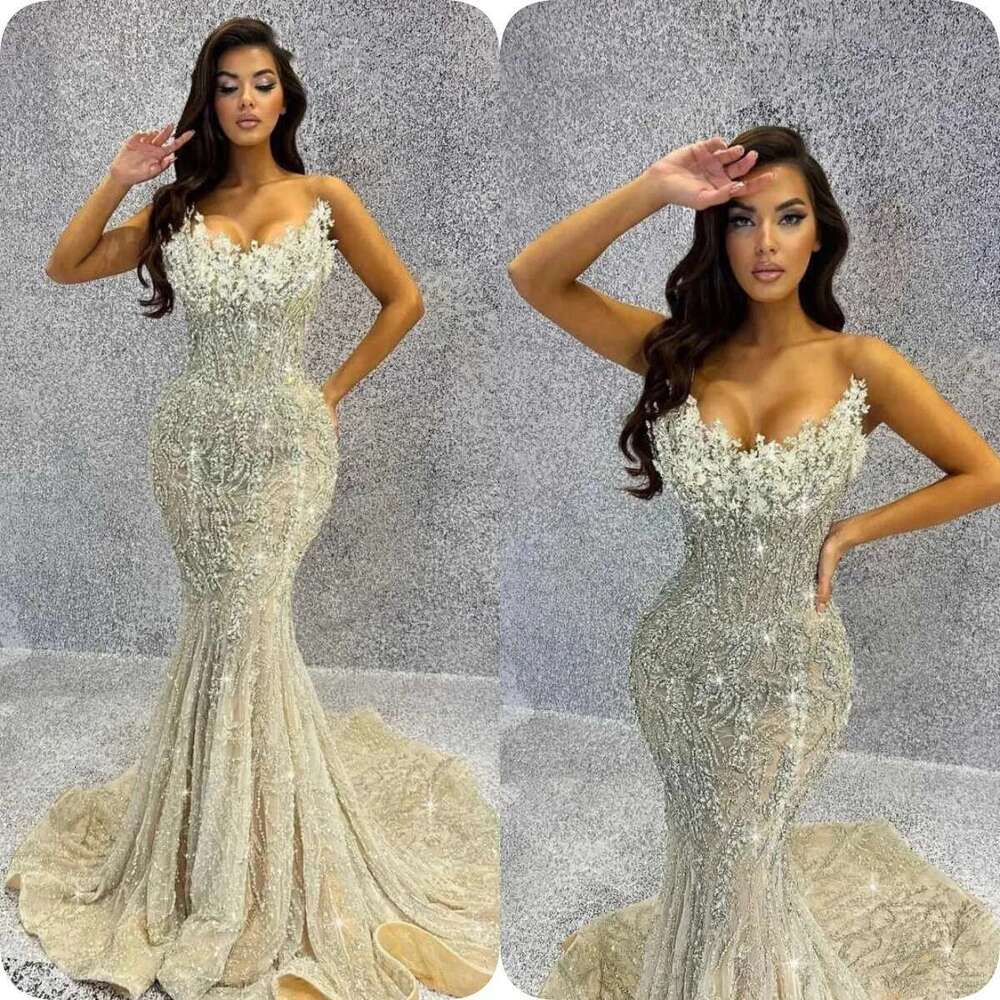 Evening Mermaid Strapless Sequins Crystals Sleeveless Prom Gown Party Dress Sweep Train Vestido De Noite Customized 6660311