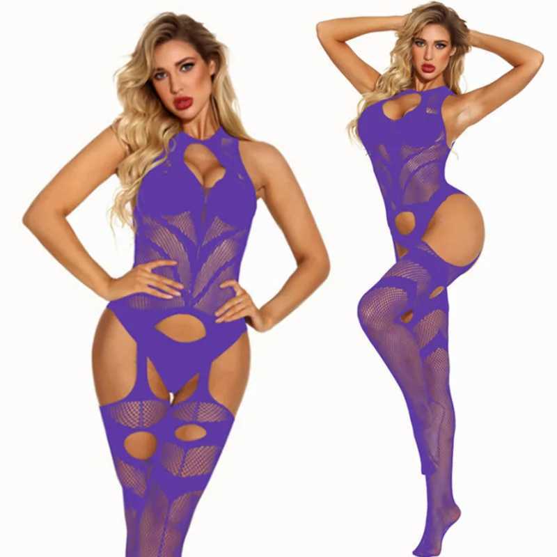 Sexy Mesh Fishnet Purple Bodystockings sex for Women Erotic Lingerie Sexy Open Crotch Teddies Bodysuits Female Sexy Dress NewXJ250220