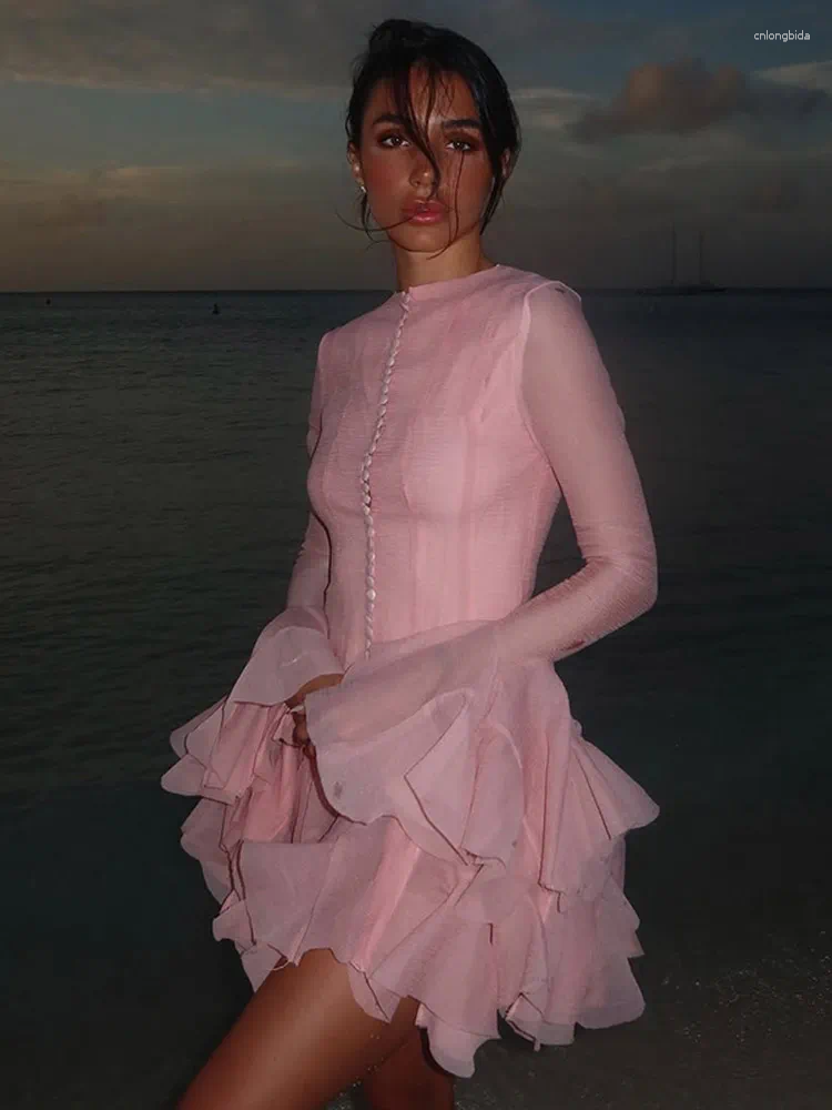 Casual Dresses Luxury O Neck Pink Ruffle Button Female Vestidos Fashion Long Sleeve High Waist Prom Spring Lady Short Evening Dress