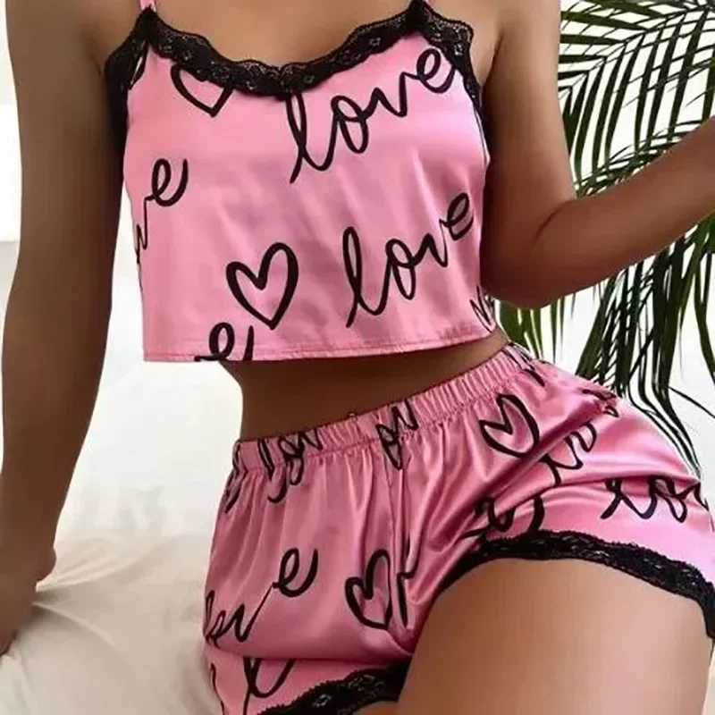 Womens Spwear Pajama Sets Sexy Lingerie Lace Love Printed Crop Tops and Shorts Pijamas Set LoungewearXJ250220