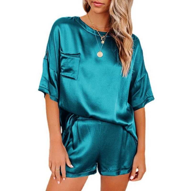 2PCS/Set 2024 Spring and Summer Women Pajamas O-neck Solid Soft Silation Silk Homewear Short-Sved Casual Ladies LoungewearXJ250220