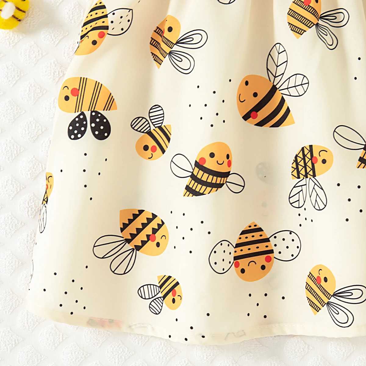 Summer New Yellow Little Fly Sleeve Baby Girl Dress Cartoon Bee Print Childrens Sleeveless Clothes+Bow Headband (0-3 Years) X2502201