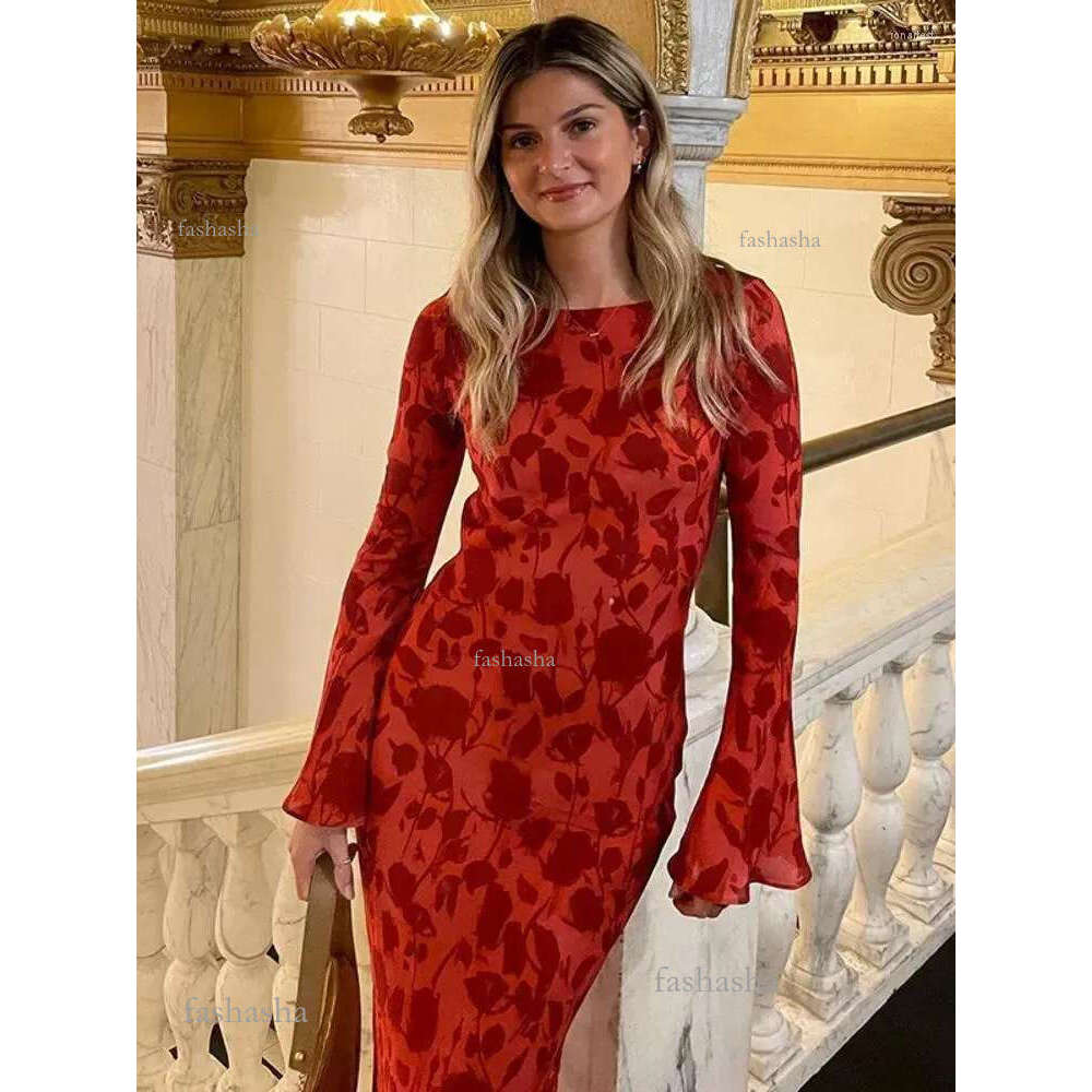 Casual Dresses Long Sleeve Rose Printed Maxi Dress Elegant Floral Print Flare Chiffon Summer Women O Neck Slim Beach Holiday Party
