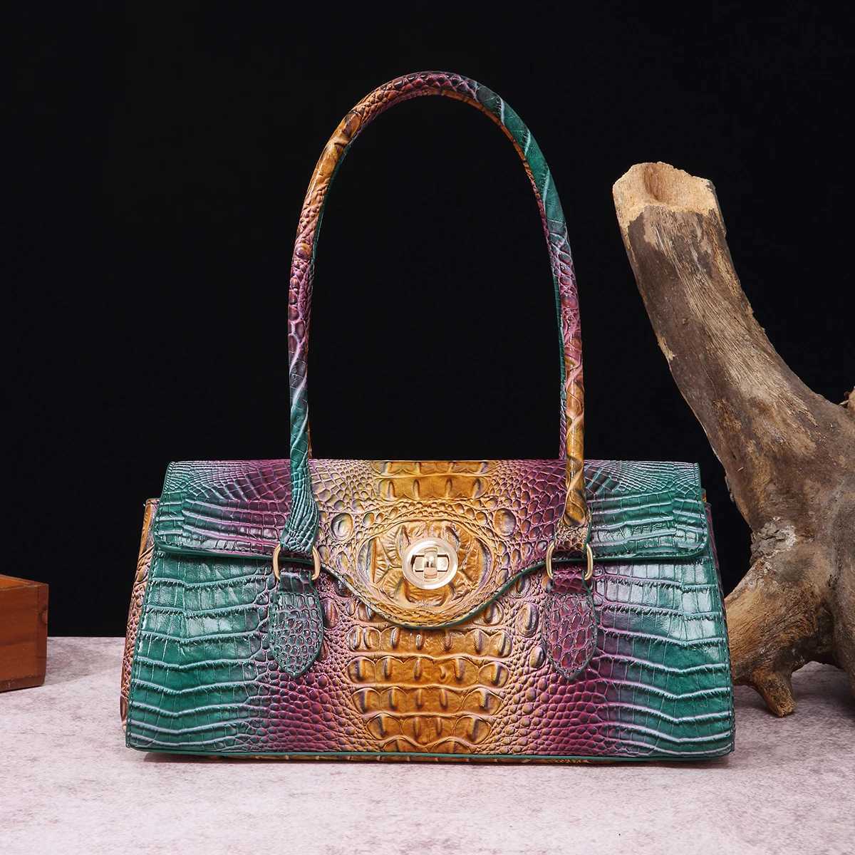 Multicolor Crocodile Pattern Fashion Handheld Stick Bag Large Capacity One Shoulder Underarm Bag Womens Luxury Handbag Z250220