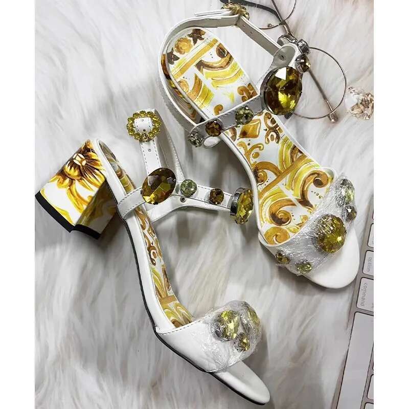 Bohemian Rhie Jewel Women Sandals 3D Printed Thick High Heel Open Toe Buckle Strap Brand Party Shoes 250225