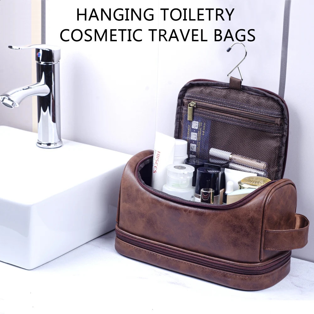 Toiletry Bag Mens Leather Travel Organizer Kit with hanging hook Large Water-resistant Toiletries Bathroom Shaving Bags 250220