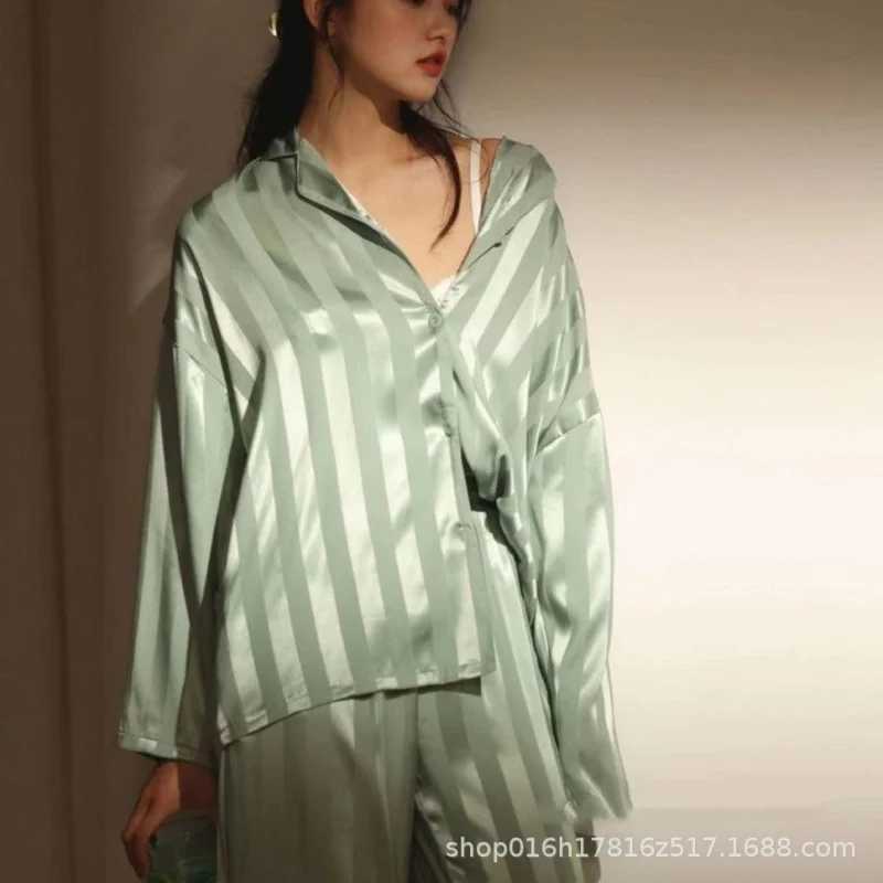 Spwear Ladies Spring and Summer Ice Silk Girls Homewear Long-Sved Trousers Silation Silk Green Striped Pajamas SetXJ250220