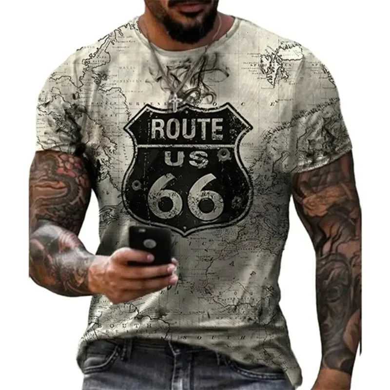 Retro US Route 66 3D printed mens T-shirt retro loose mens summer round neck short sleeved unisex top T-shirt 4XL W250220