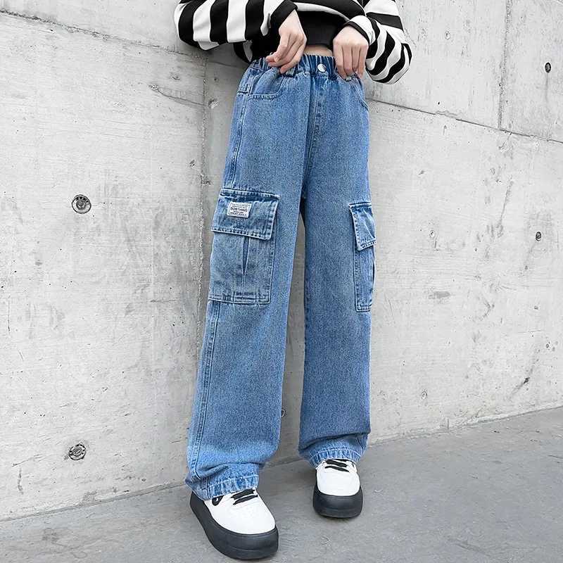Fashion 2024 Cargo Jeans for Girls Spring Blue Pocket Hot Deals Teens Kids Cargo Pants Casual Straight School Children Trousers Z250220