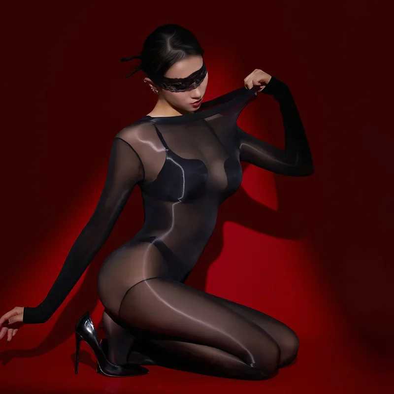 Full Body Stockings Seamless Jumpsuits Women Oil Shiny Glossy Onesie Open Crotch Pantyhose Sex Erotic Lingerie Smooth BodysuitXJ250220