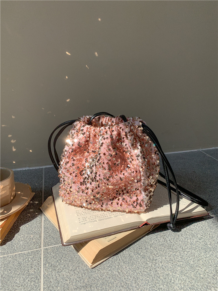 Women's Sequined Crossbody Bucket Bag with Drawstring Pleats - Soft Portable Shoulder Accessory