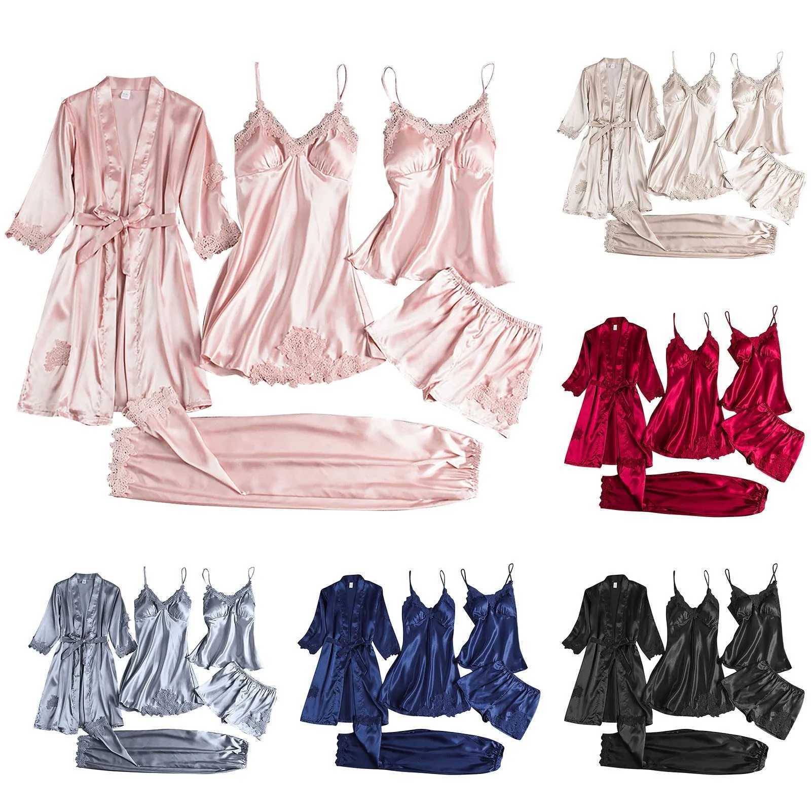 5pcs Ladies Satin Pajamas Set 5 Piece Pijamas Silk Like Lace Paneled Sexy WomenS Pajamas Smooth Skin-Friendly Home SpwearsXJ250220