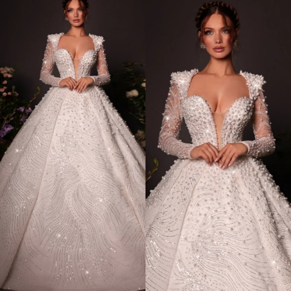 A e Women Wedding Sweetheart Neck Long Sleeves Bridal Gowns Sequins Pearls Sweep Train Dress Custom Made vestidos de novia