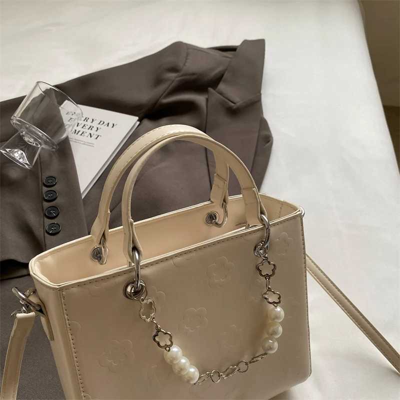 Womens Bag 2024 New French Fairy Style Handbag Fashionable Pearl Beaded Small Print One Shoulder Crossbody Bag Trend Y250220
