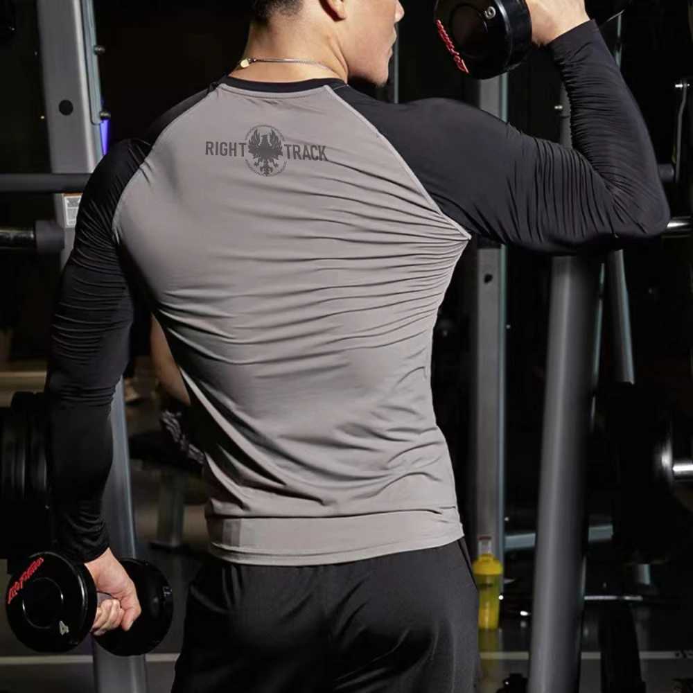 New Mens Long Sleeve GYM Clothes Dual Color Blocking Tights Shirt Sport Fitness RIGHTTRACK Milk Silk Fabric Athletic Wear W250220