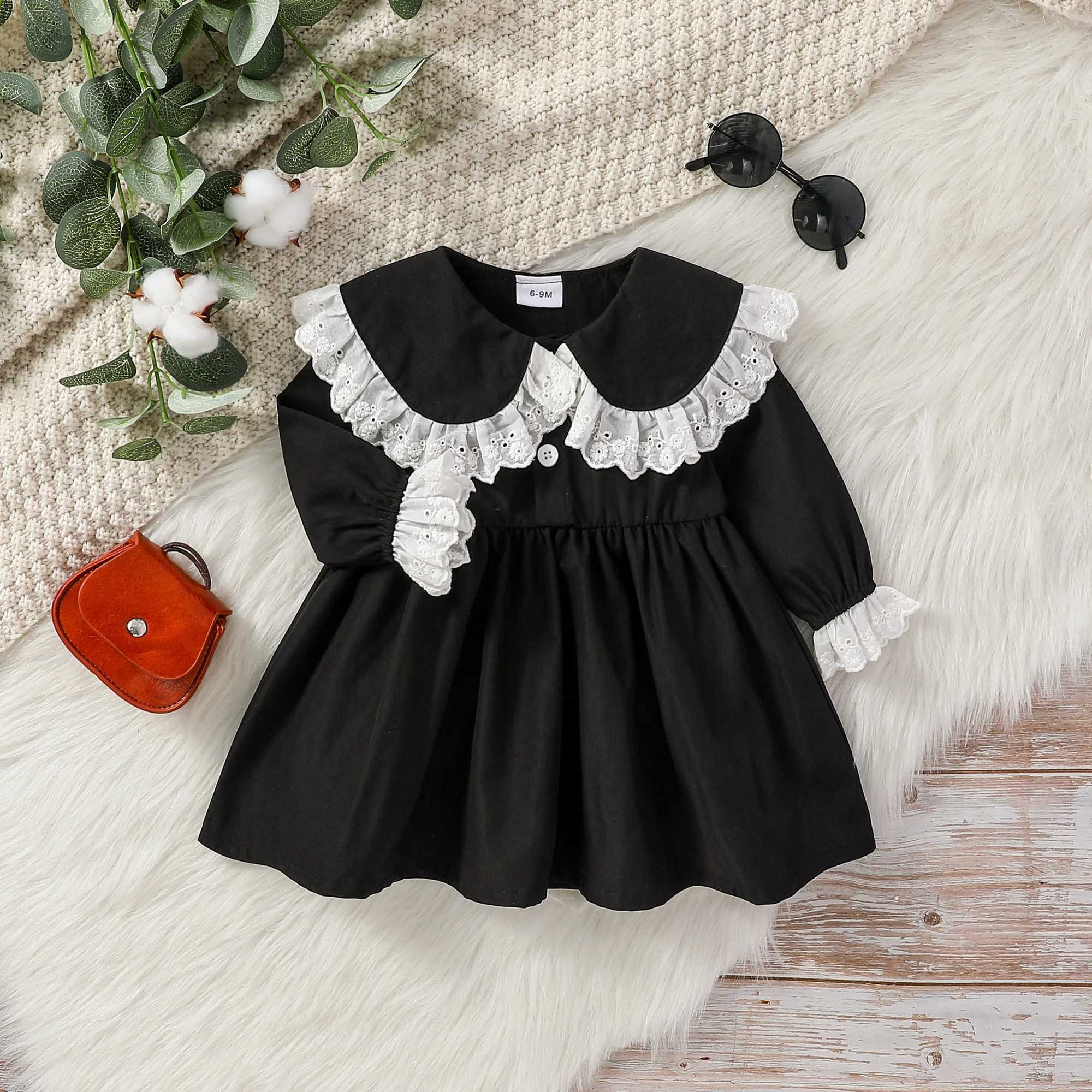 Baby Girls Long Sleeve Spring/ Autumn Doll collar With Lace Black Fashion European and American style Dress For 1-3Y X250220