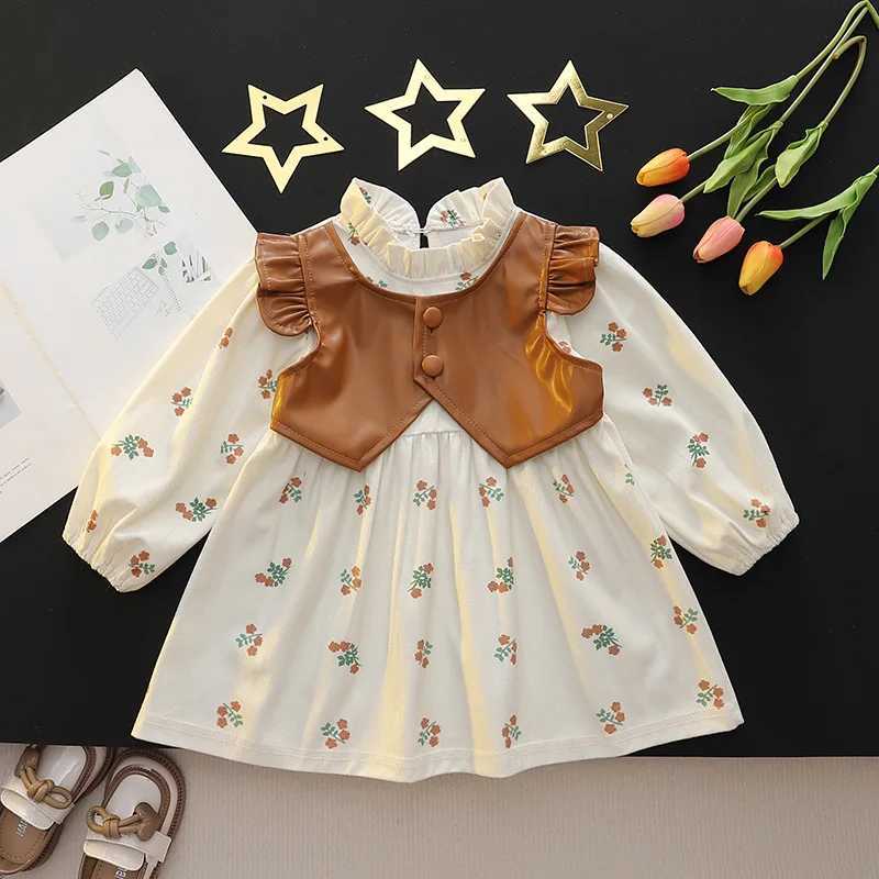 (0-3 Years Old Girls) Fall New Girls Dress Lace Pleated Floral Pattern Leather Vest Button Sweet Princess Dress X250220