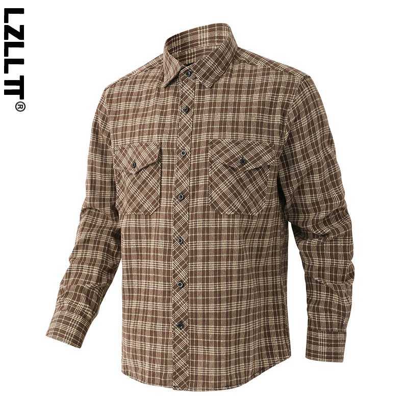 Spring Men Plaid Casual Long Sleeve Shirts Mens Autumn Lapel Outdoor Cargo Shirt Man Loose Classic Pocket Safari Work Polo Shirt W250220