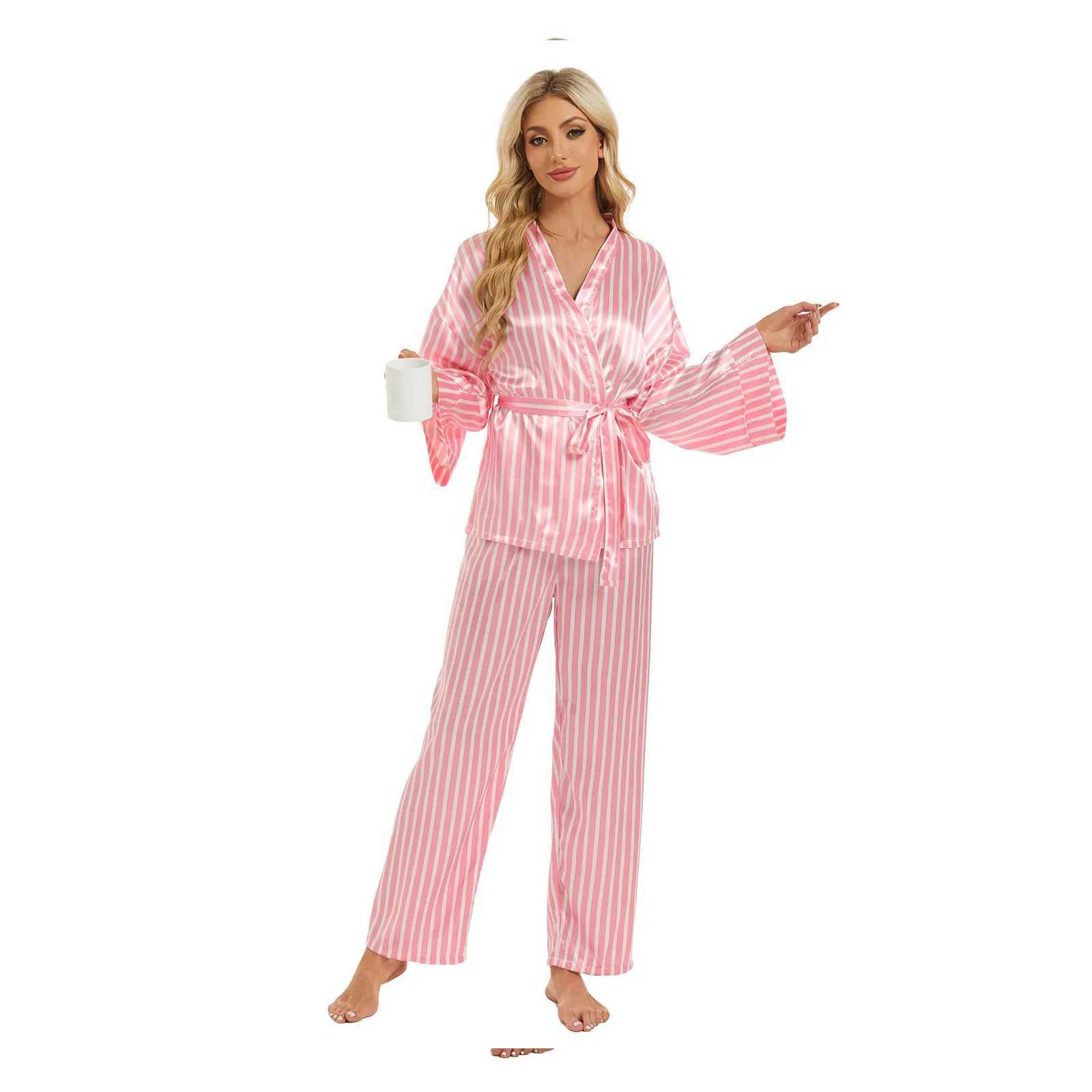 Spring Autumn Women Cozy Silk Satin Pajamas Suit Cross V Neck Long Sve Shirts Tops With Belt+Pants Set Spwear 2 Piece SetXJ250220