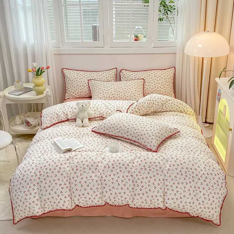 MissDeer INS Girls Cherry Bedding Set Soft Washed Cotton Bed Sheet Queen King Size Simple Quilt Cover Pillowcase Bed LinensXJ250220