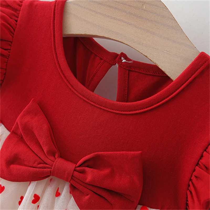Baby Girl Red Dress Heart Embroidered Mesh Bow Tutu Dress Kids Birthday Party Clothes X250220