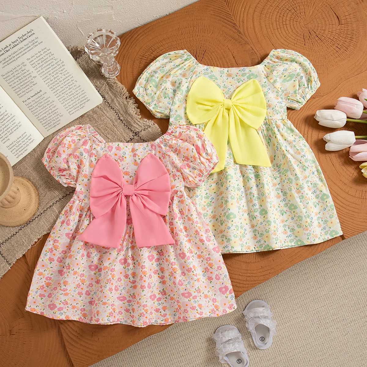 (0-3 Year Old Baby Girl Floral Dress) Summer New Sweet Bow Countryside Style Childrens Short Sleeved Clothes X250220