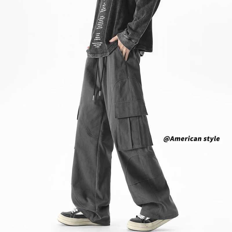 Classic mens loose cargo pants solid color large pocket casual mens pants fashionable streetwear retro wide leg pantsT250319