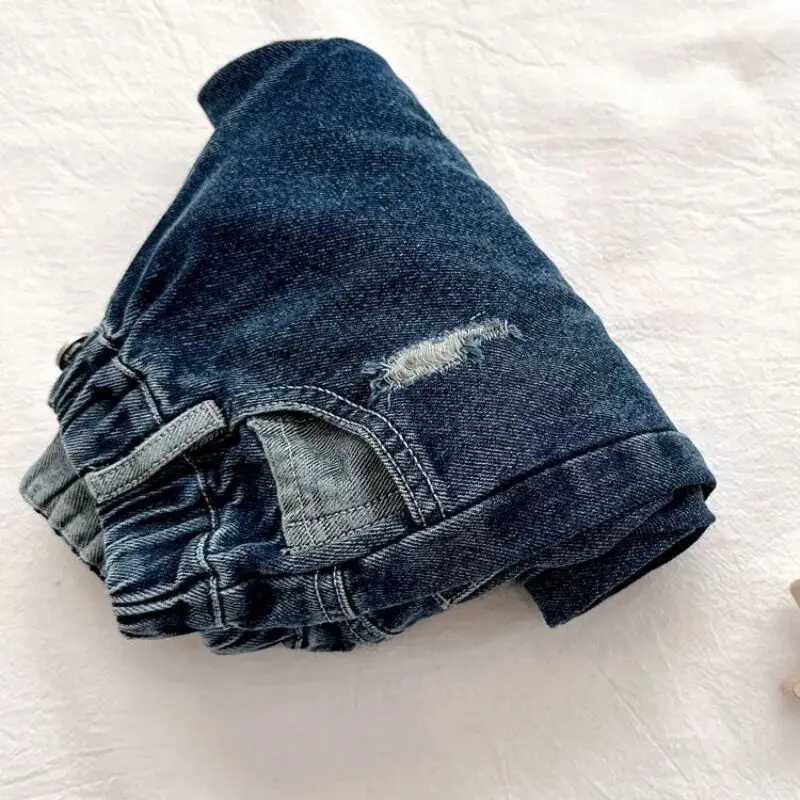 Kids Boys Jeans Spring and Autumn New 2023 Fashionable Broken Copper Childrens Baby Elastic Soft Pants Boys Trousers Z250220