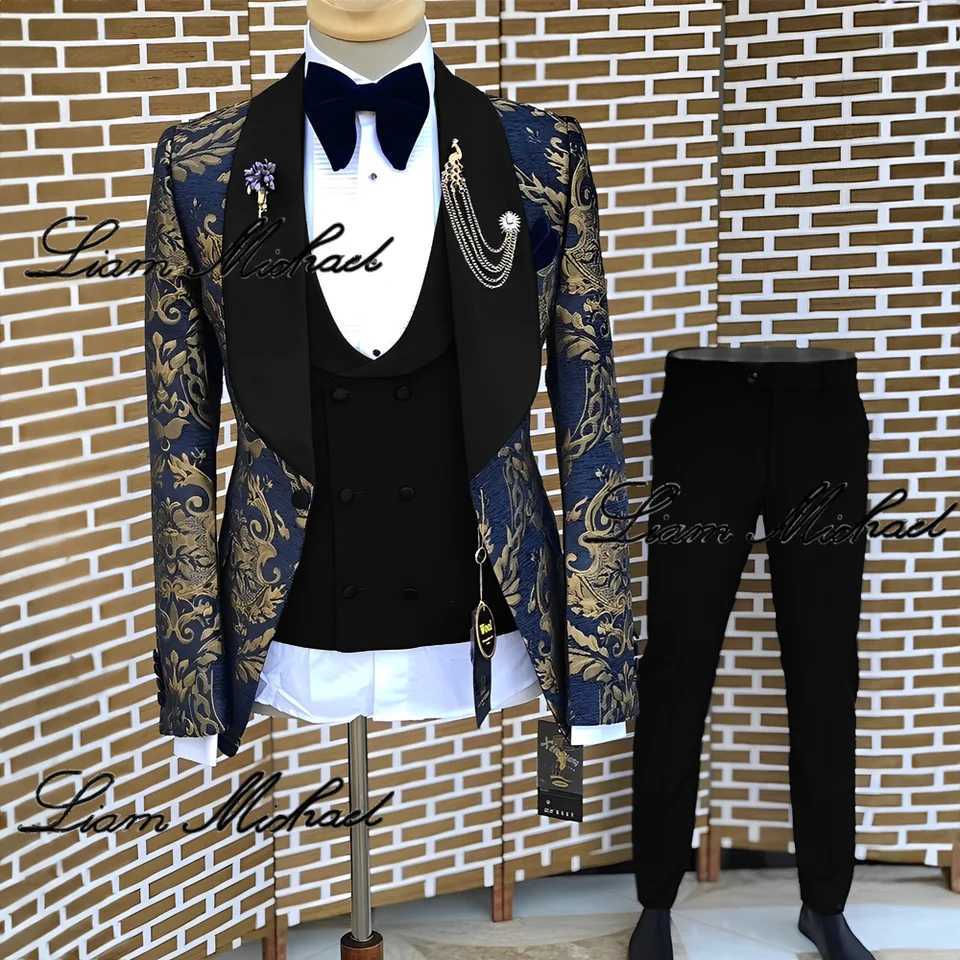 Bronzing Mens Suit Blazer Wedding Groom Tuxedo 3-piece Blue Formal Party Dress XS-5XL Elegant Mens Custom Set X250220