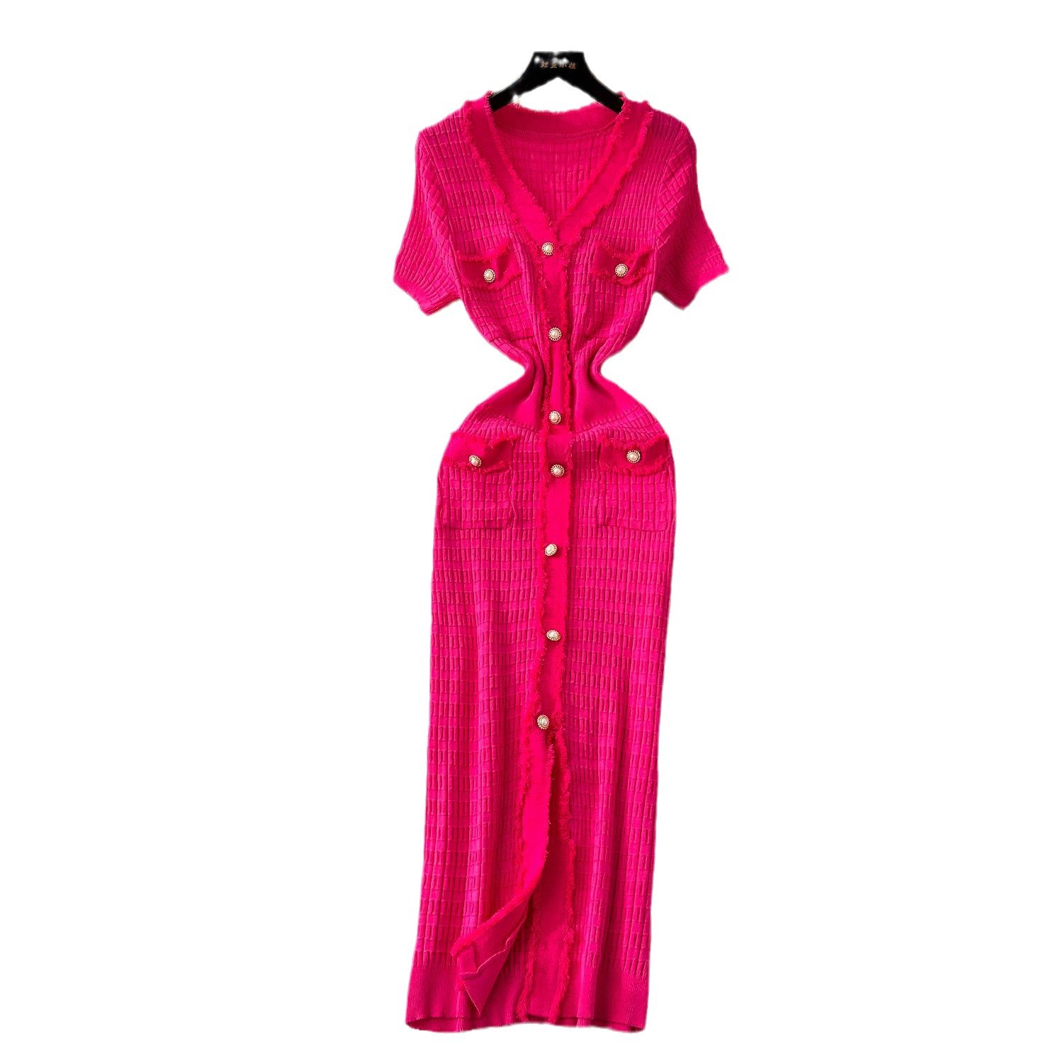 2025 New Summer Arrival Women Knitted Maxi Long Elegant V-neck Single-breasted Split Sweater Dress Office Lady Vestidos