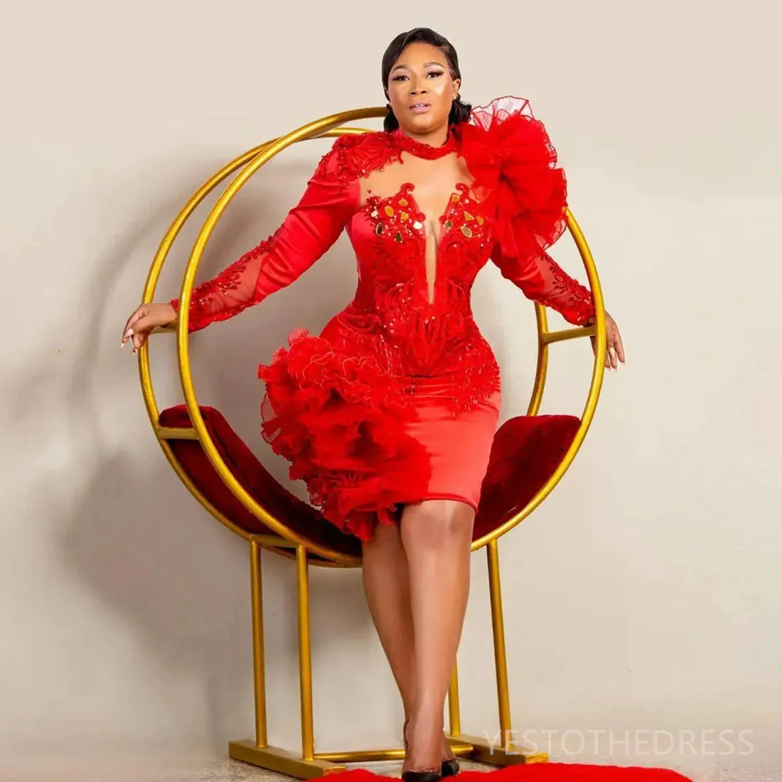 2025 Aso Ebi African Short Prom Dresses Ruffles Lace Appliques Long Sleeves Sheath Birthday Party Gown Beaded Red Cocktail Dress For Women - view 3