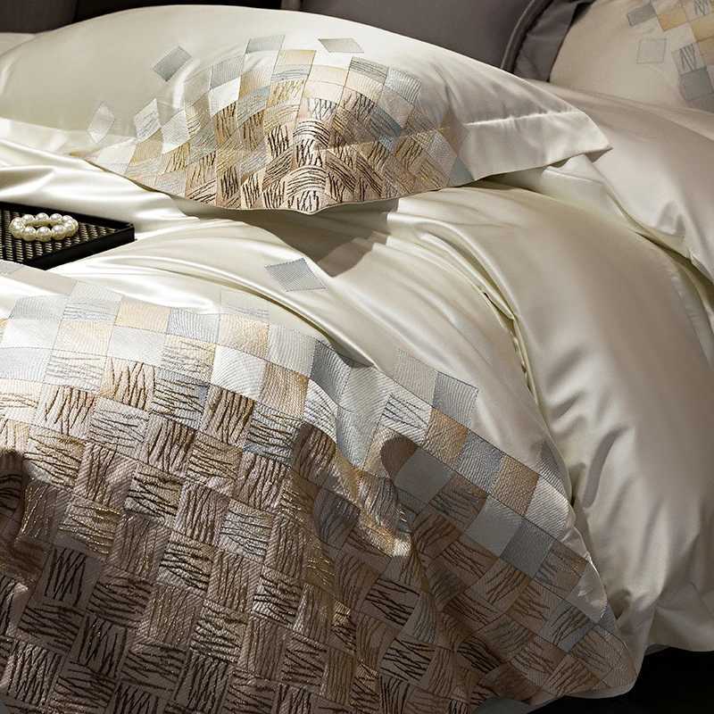 4Pcs Satin Brocade Egyptian Cotton Luxury Embroidery Bedding Set Pearl White/Grey Duvet Cover Bed Sheet/Fitted Sheet PillowcasesXJ250220