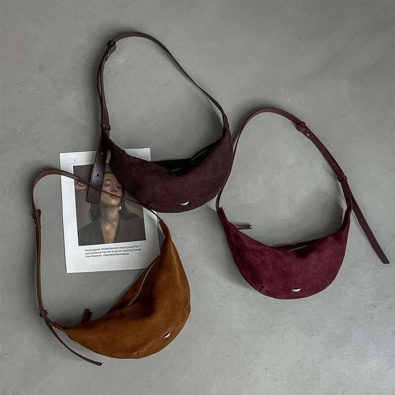 New Autumn Slouchy Style Half Moon Shoulder 2025 Top Layer Suede Cow Leather Women Crossbody Bag Quality Daily-Use Purse