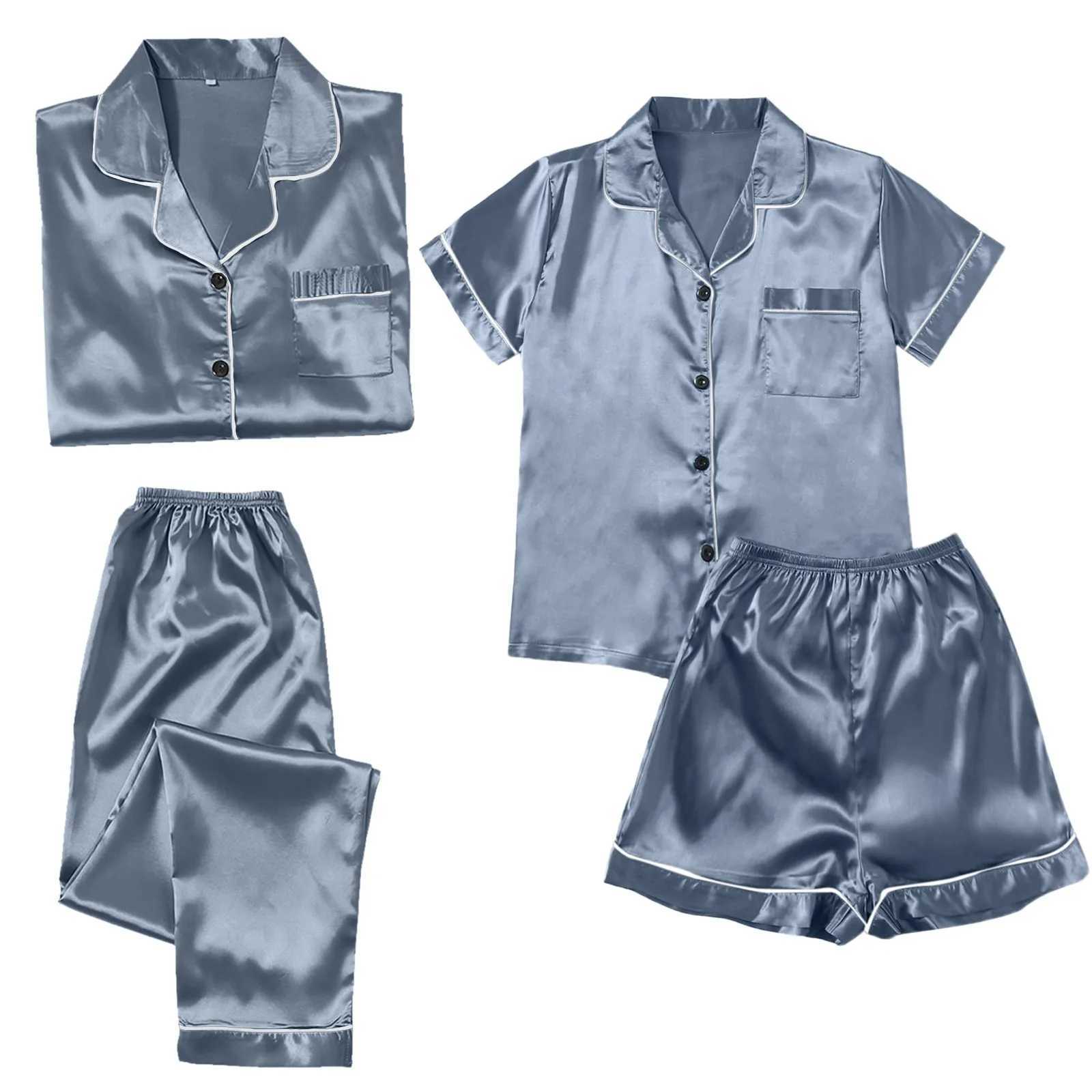 4PCS Womens Blue Pajamas Sets Silk Satin Top Pant Long sve Solid Button-Down Pyjamas Satin Set Nightgown Ladies SpwearXJ250220