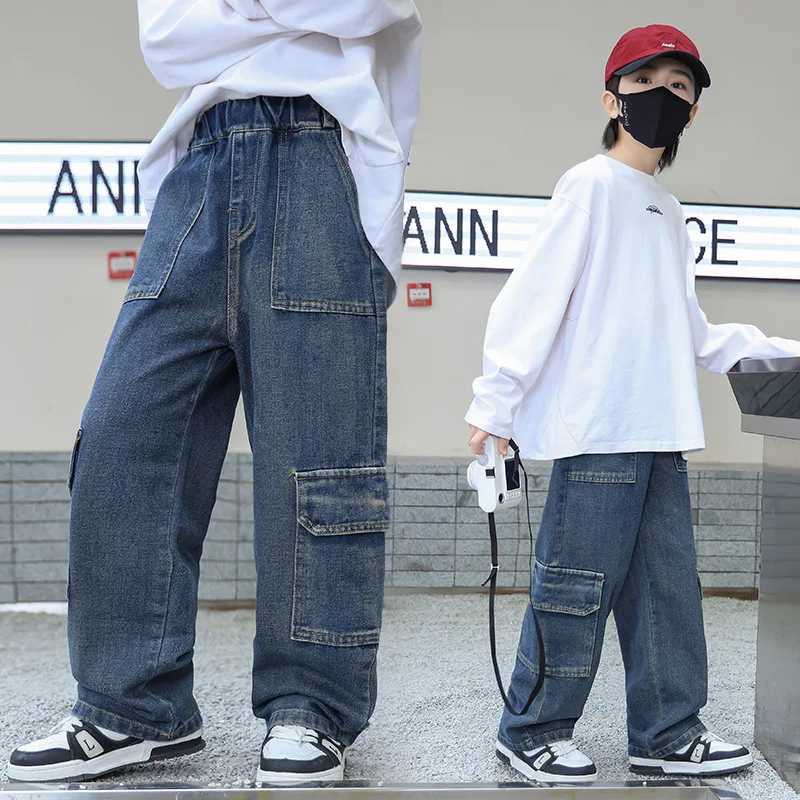 Spring Autumn Teenager Boys Jeans Pocket Casual Denim Kids Boys Wide Leg Loose Pants Childrens Boys Straight Leg Pants Z250220