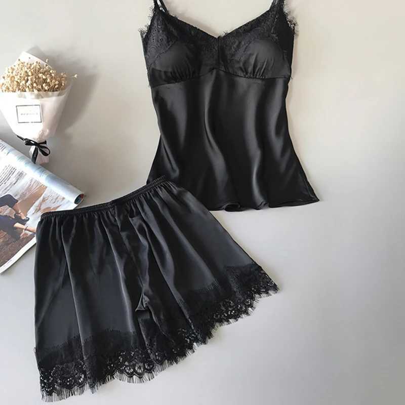 2024 Summer 2 Pcs V-Neck Womens Sexy Pajamas Black Cute Clothes Comfortable Breathable Suspender Shorts SetXJ250220