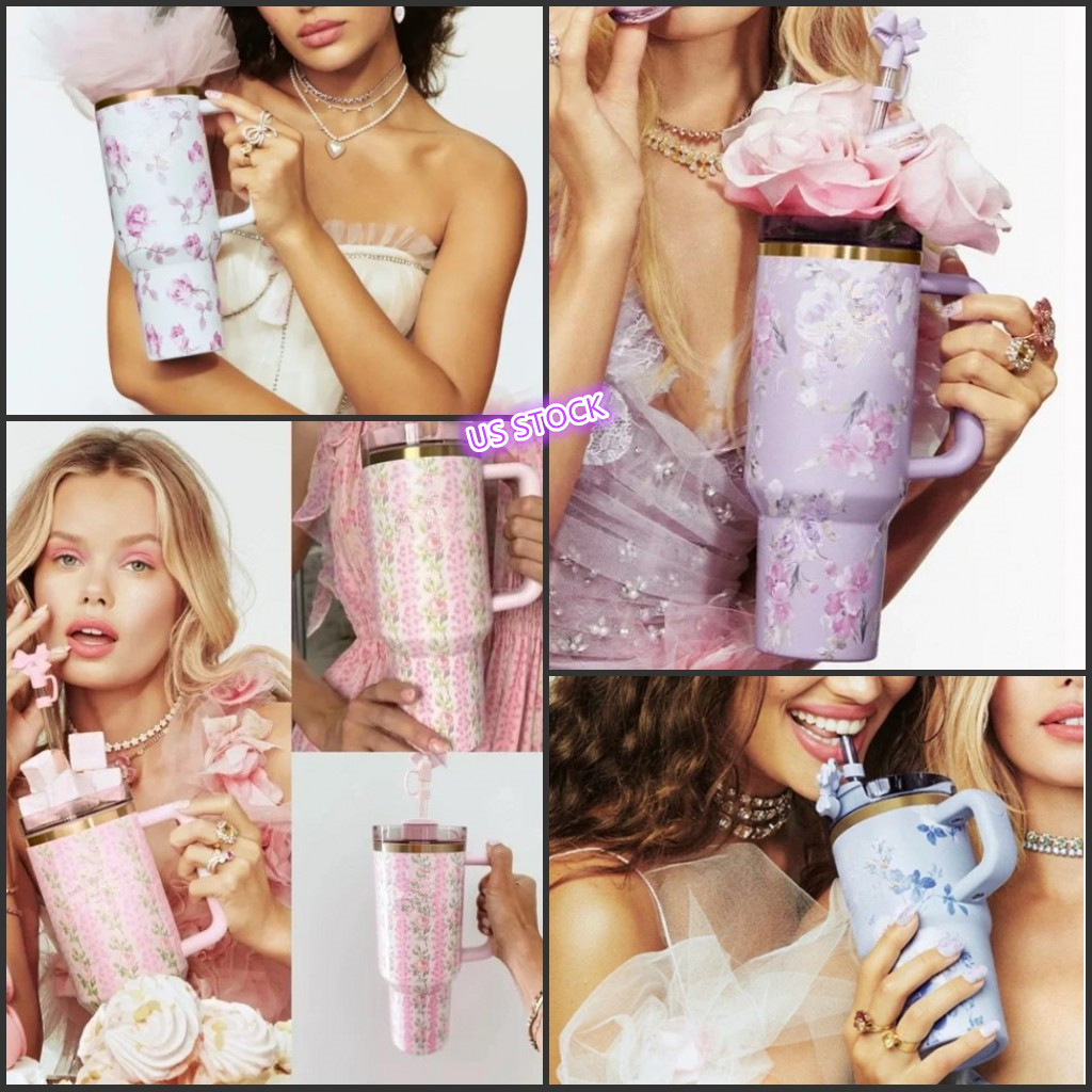 Us Stock 40oz Blue Magnolia Pink Rose Lilac Cups With Bow Cap 40 OZ Stainless Steel Tumblers Travel Car Mugs Clean Slate Water Bottles 0221