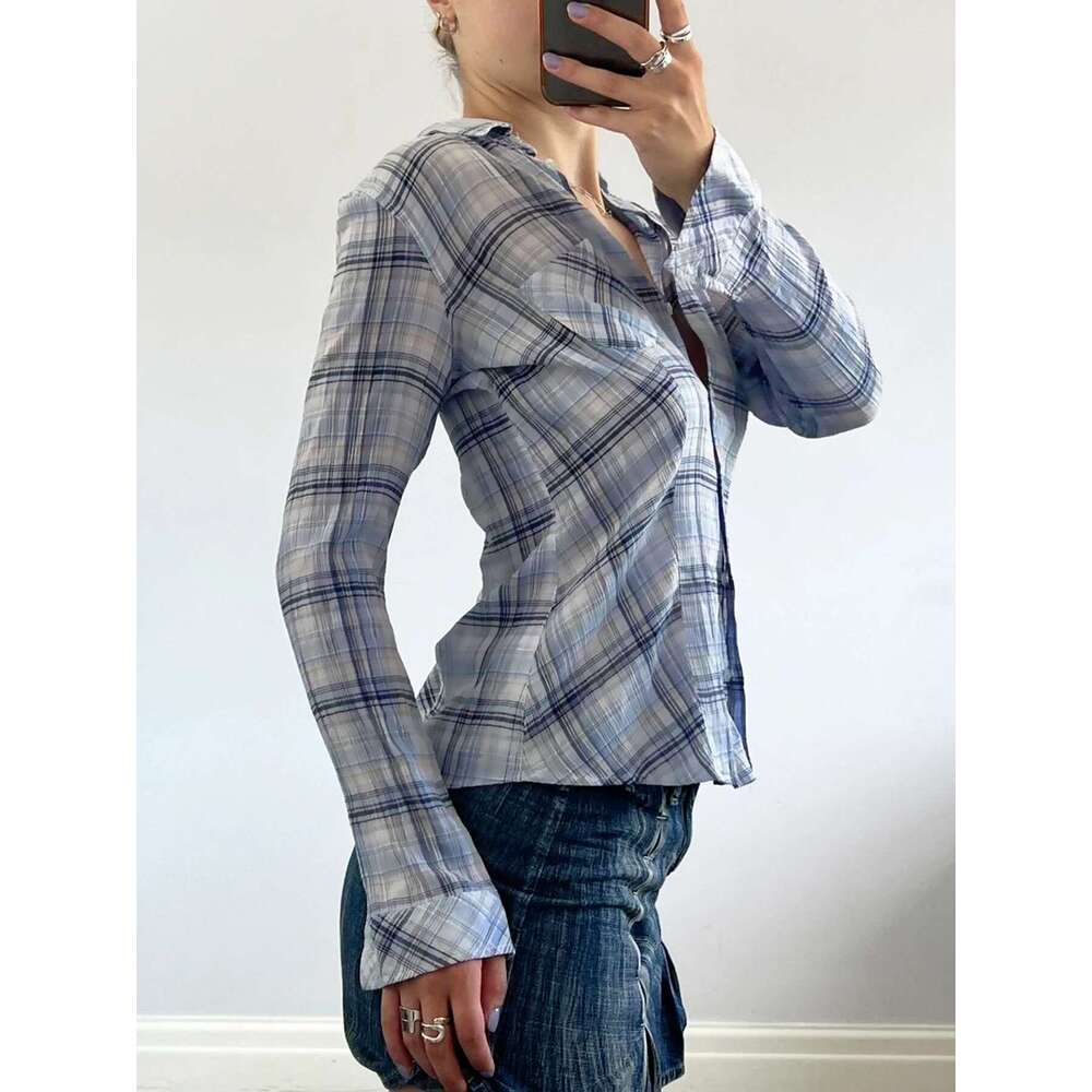 IAMSURE Casual Basic Plaid Blouse Loose Turn-Down Collar Long Sleeve Shirt Women 2024 Autumn Spring Fashion Streetwear Office