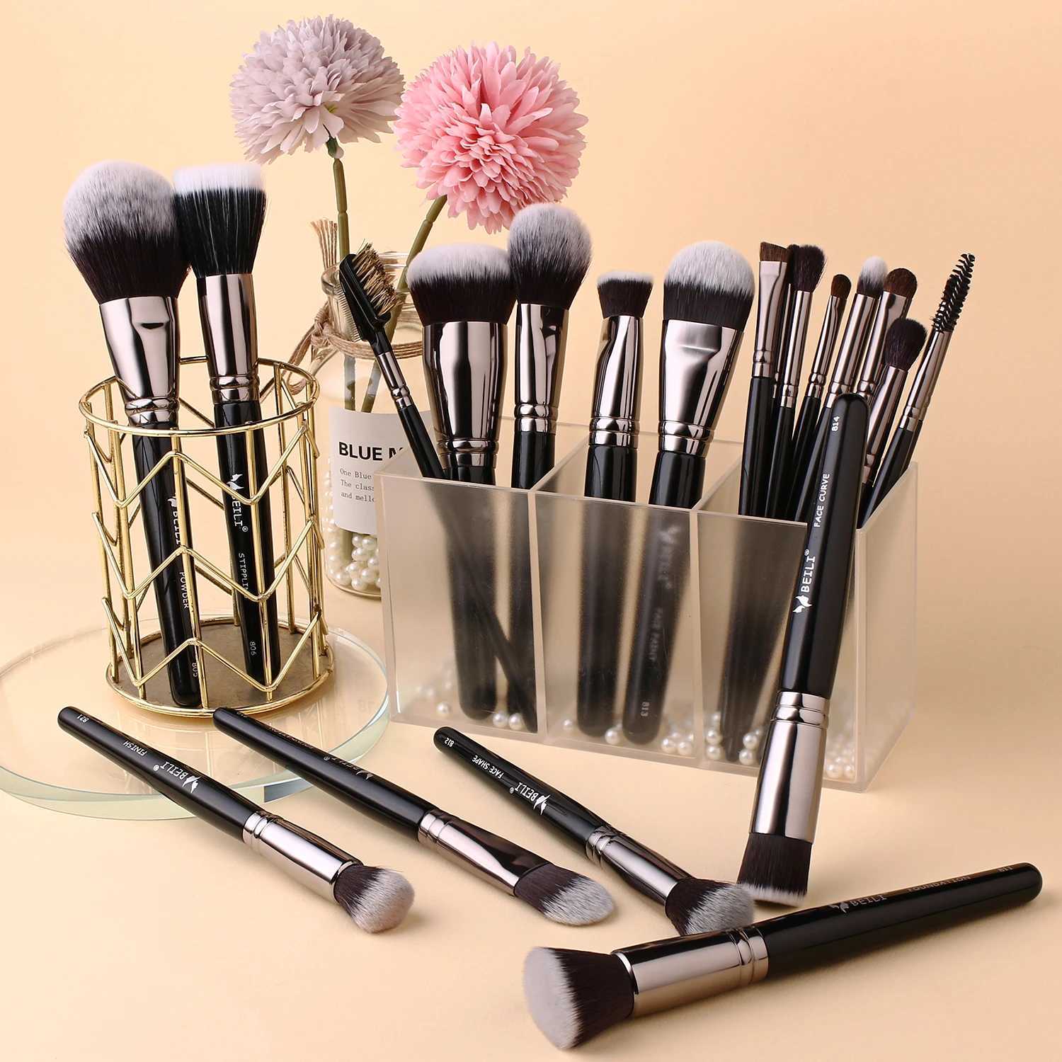 BEILI Luxury Black Professional Makeup Brush Set Big Powder Makeup Brushes Foundation Natural Blending Makeup Brushes W250221
