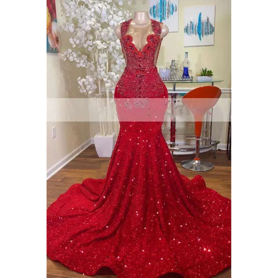 Red Long Mermaid Dresses 2024 Black Girls Sheer Crew Neck Dias Style Sparkly Rhies Crystals Sequined Prom Party Formal Evening Gowns Bc18507 0618