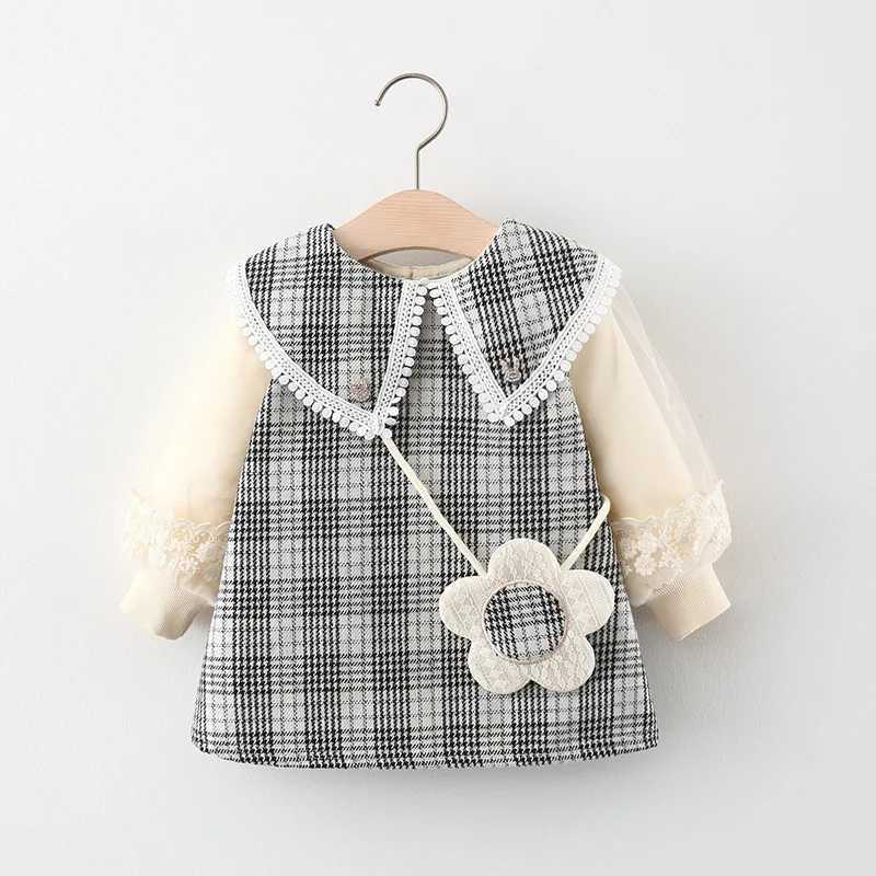 Baby girl dress autumn and winter plain long sleeved lapel girl dress cute casual girl with bag dress X250220