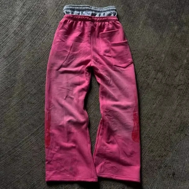 Y2K Pink Joggers Pants Men Women Harajuku Strawberry Graphic Print Patch Double Waist Sweatpants Goth Elastic Low Waist Trousers 250221