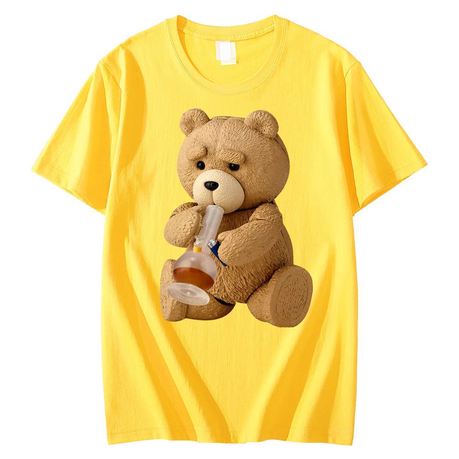 New Mens Print Cute Teddy Bear Drinking Beer Poster T-Shirt Summer Short Sleeve Top Cotton T-Shirt Cool T-Shirt Top Streetwear W250220