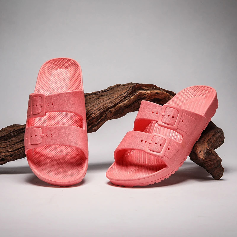 Summer 2024 childrens slides sandals boys and girls PVC apartments soft soled trends double button beach shoes 250218