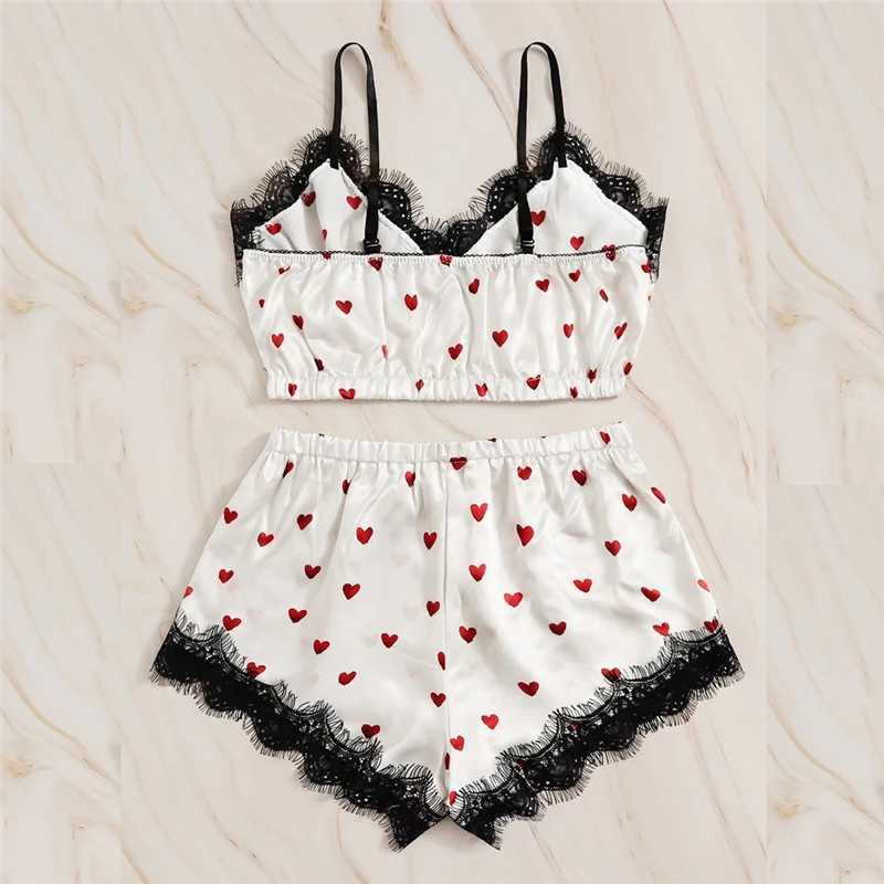 Lace Satin Cami Print Heart Shorts Women Pijamas Sexy Spwear Set Eyelash 2023 Spring Summer Ladies Short Nightwear 2 PCSXJ250220