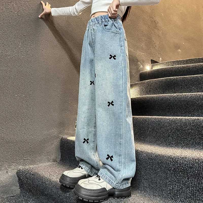 2025 Spring Child Casual Jeans with Bow Embroidery for Girl Fashion High Street Denim Pants Kids High-waisted Jeans Trousers Z250220