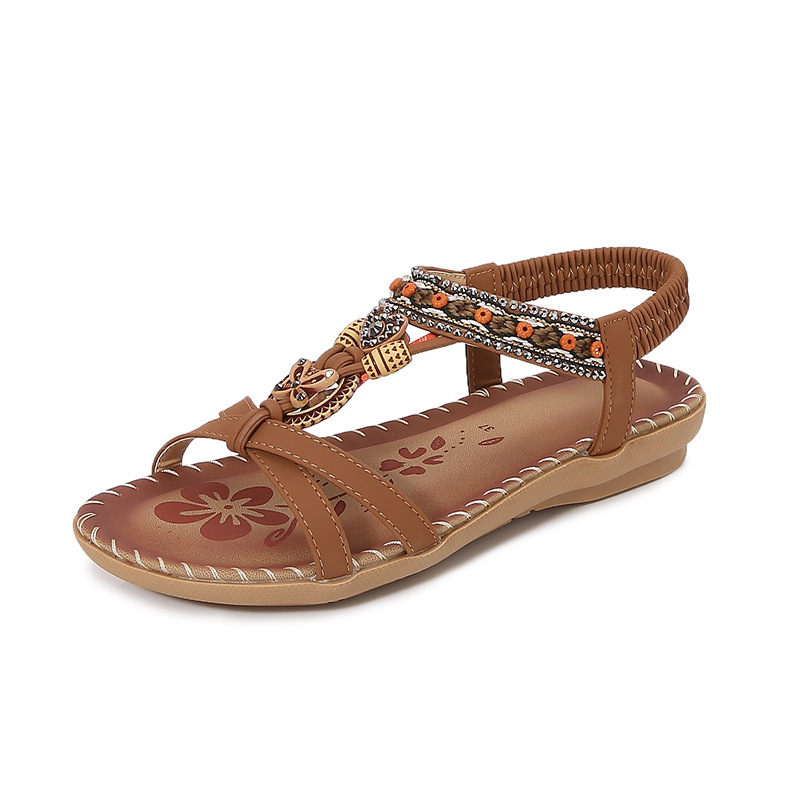 The new Bohemian cross-border sandals women's summer rhinestones night wind flat round head pinch feet open toe cool