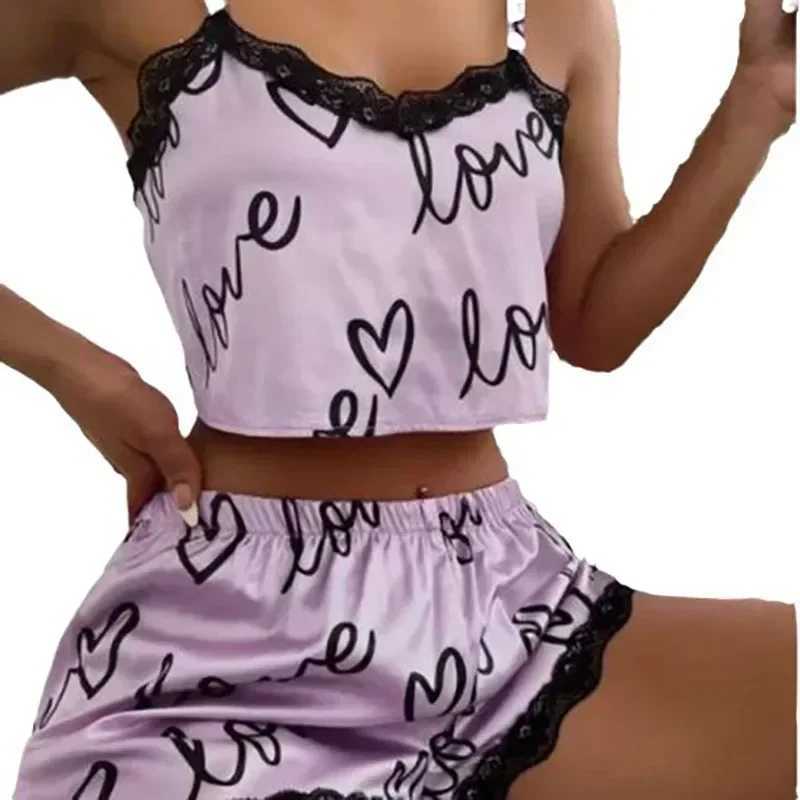 Womens Spwear Pajama Sets Sexy Lingerie Lace Love Printed Crop Tops and Shorts Pijamas Set LoungewearXJ250220