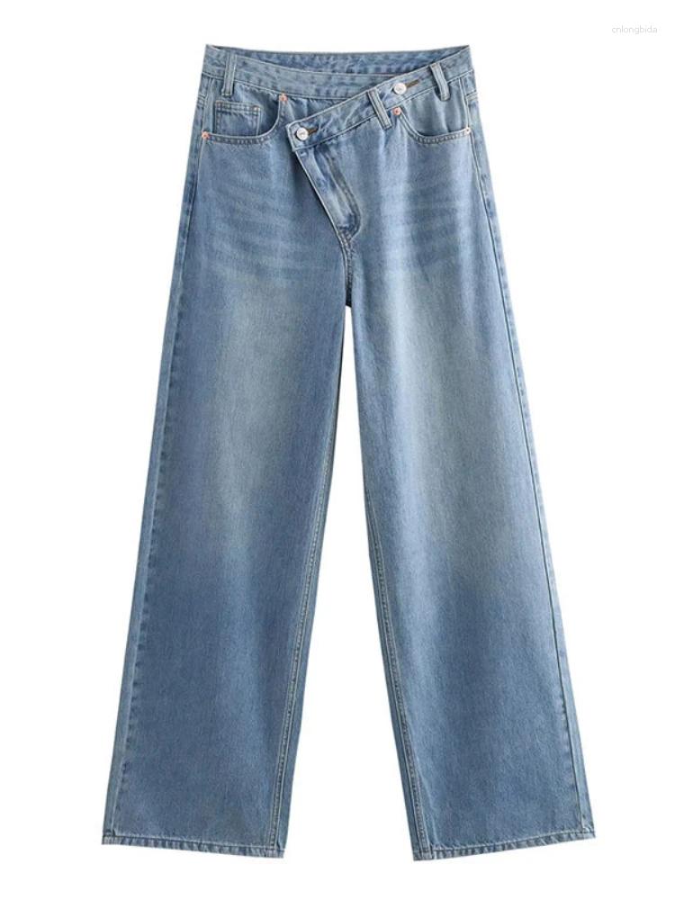 Womens Jeans HOUZHOU Women Wide Leg Vintage Irregular Washed Denim Trousers Aesthetic Baggy Straight Asymmetrical High Waist