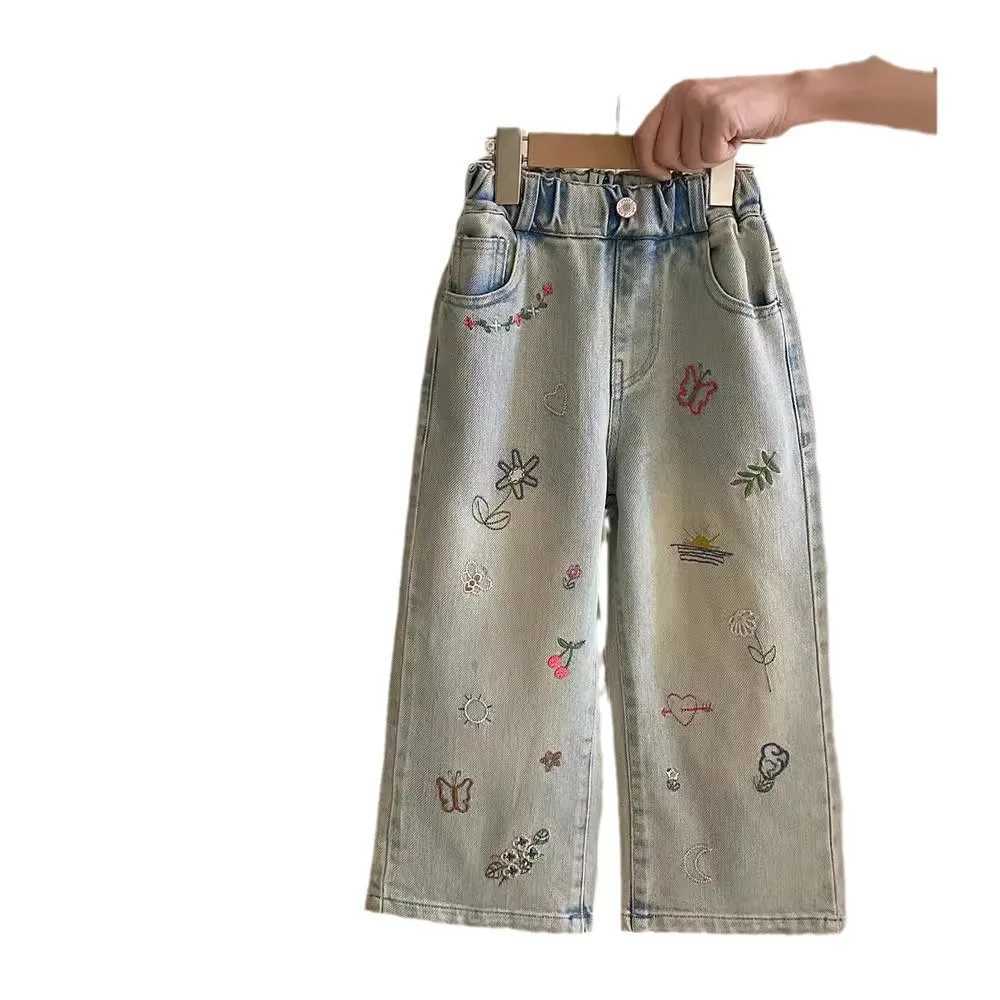 Spring Sutumn Korean Kids Girls Wide Leg Pants Loose Denim Graffiti Embroidery Baby Girls Jeans Children Girls Casual Pants Z250220